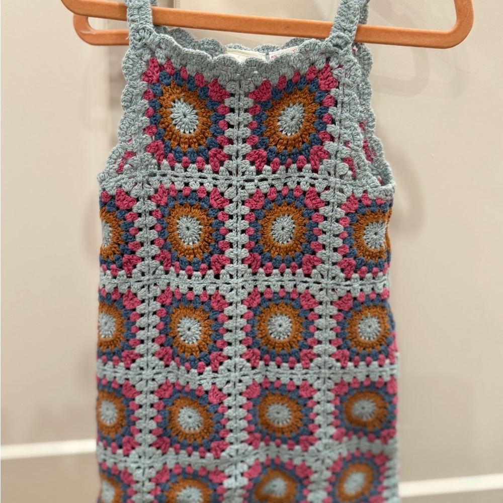 Zara Crochet Square Sunburst Dress in Light Blue, Mustard & Pink